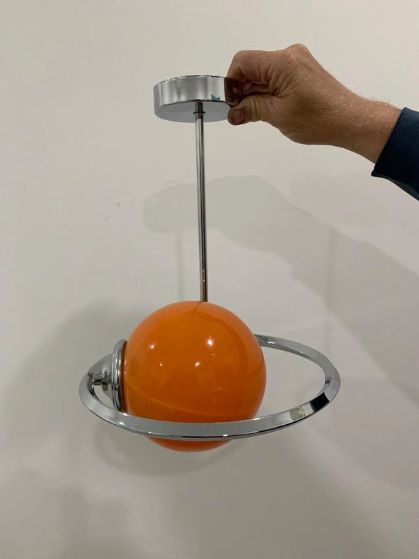 Handcrafted Space Age Pendant Lamp - Orange Glass Sphere & Chrome Ring