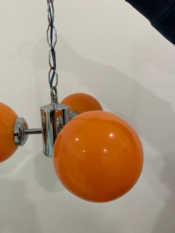 Custom Space Age Pendant Lamp - Three Orange Glass Globes with Chrome