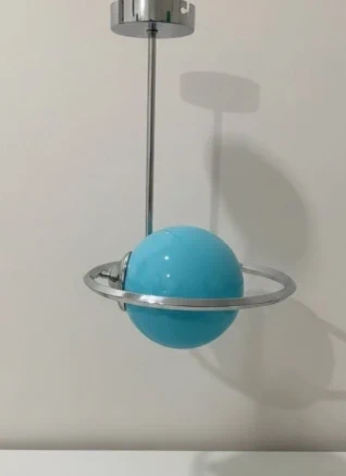 Space Age Pendant Lamp - Chrome Ring with Blue Glass Globe