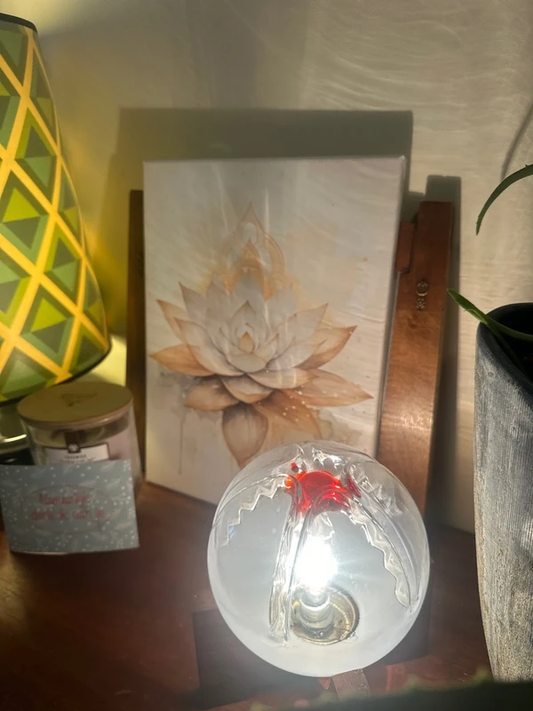 Mazzega Table Lamp - Glass Globe with Red Core on Wooden Base