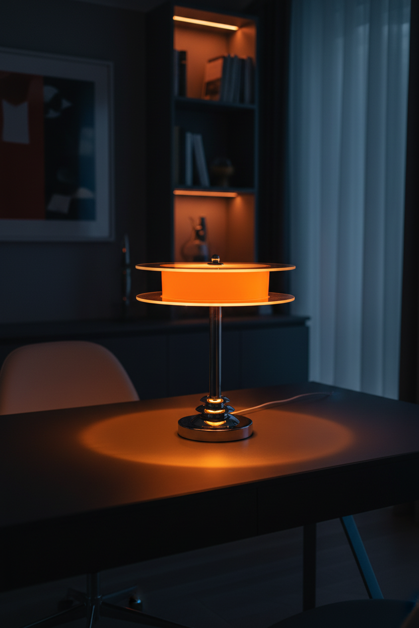 Evening scene with handcrafted Space Age lamp on minimalist desk