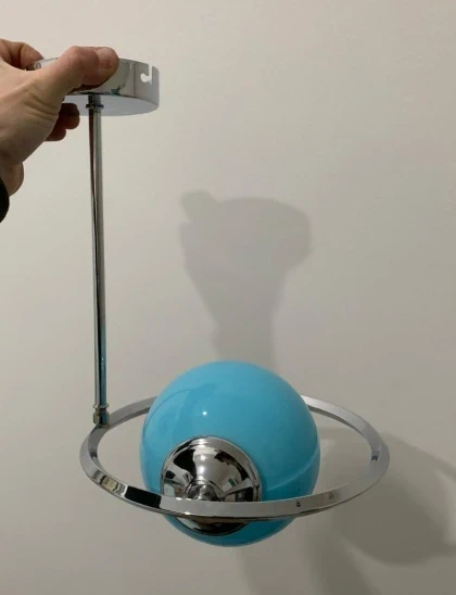 Space Age Pendant Lamp - Chrome Ring with Blue Glass Globe