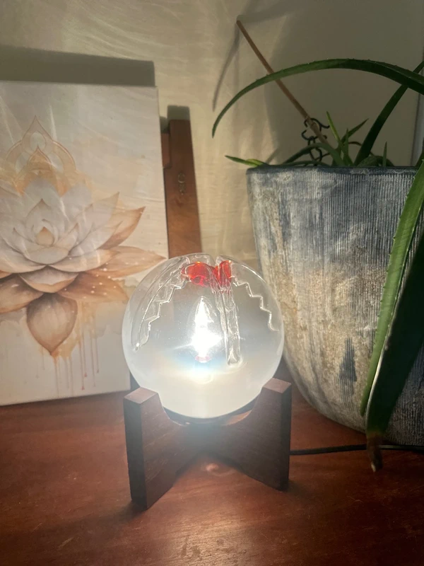 Mazzega Table Lamp - Glass Globe with Red Core on Wooden Base