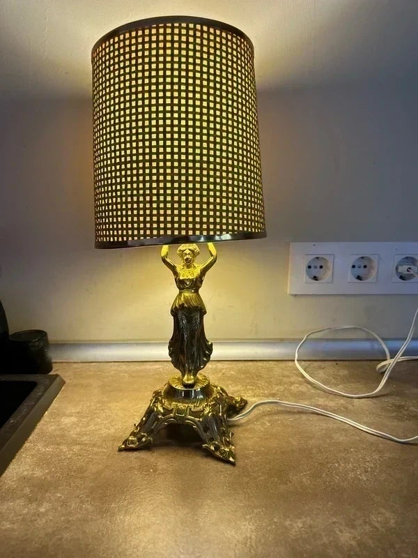 Classic Table Lamp - Hand-Woven Wicker Shade with Art Nouveau Figure Base