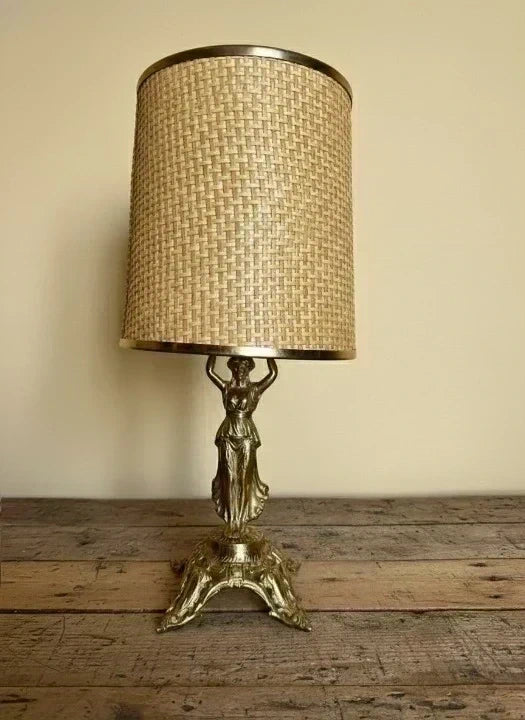 Classic Table Lamp - Hand-Woven Wicker Shade with Art Nouveau Figure Base