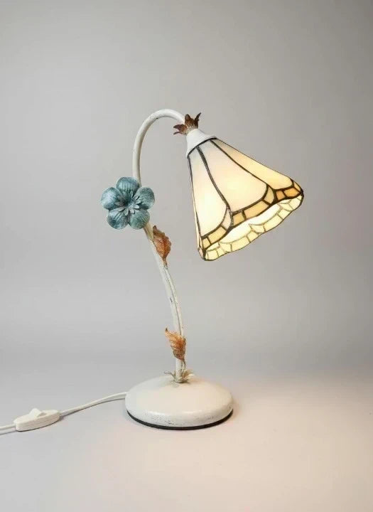 Tiffany Table Lamp - Floral Stained Glass Shade with Blue Flower