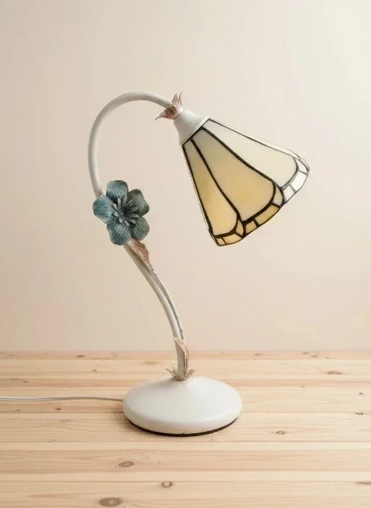Tiffany Table Lamp - Floral Stained Glass Shade with Blue Flower