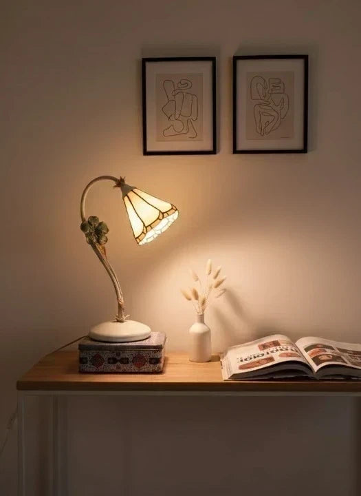 Tiffany Table Lamp - Floral Stained Glass Shade with Blue Flower