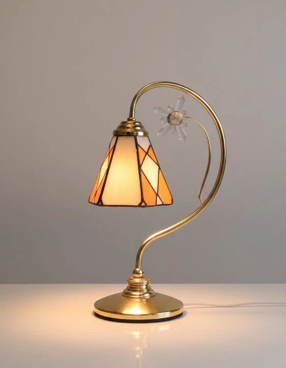 Tiffany Style Table Lamp - Amber Glass Mosaic & Crystal Flower