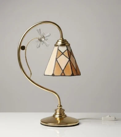 Tiffany Style Table Lamp - Amber Glass Mosaic & Crystal Flower