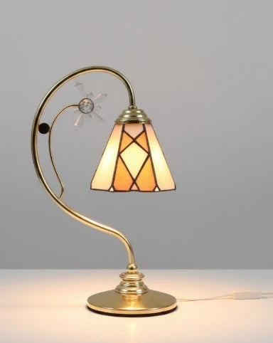 Tiffany Style Table Lamp - Amber Glass Mosaic & Crystal Flower