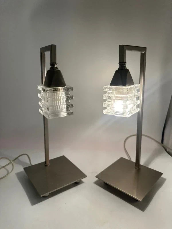 Modern Table Lamps Set of 2 - Ribbed Glass & Silver Frame