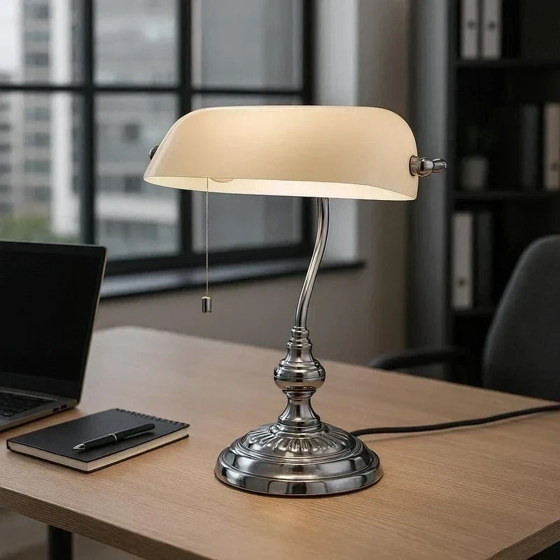Classic Banker's Lamp - White Glass & Silver Metal