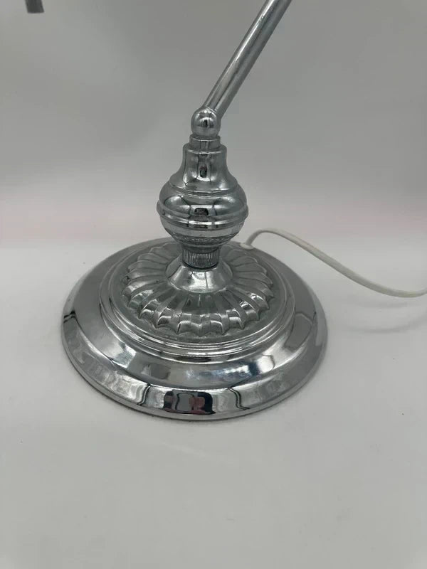 Classic Banker's Lamp - White Glass & Silver Metal