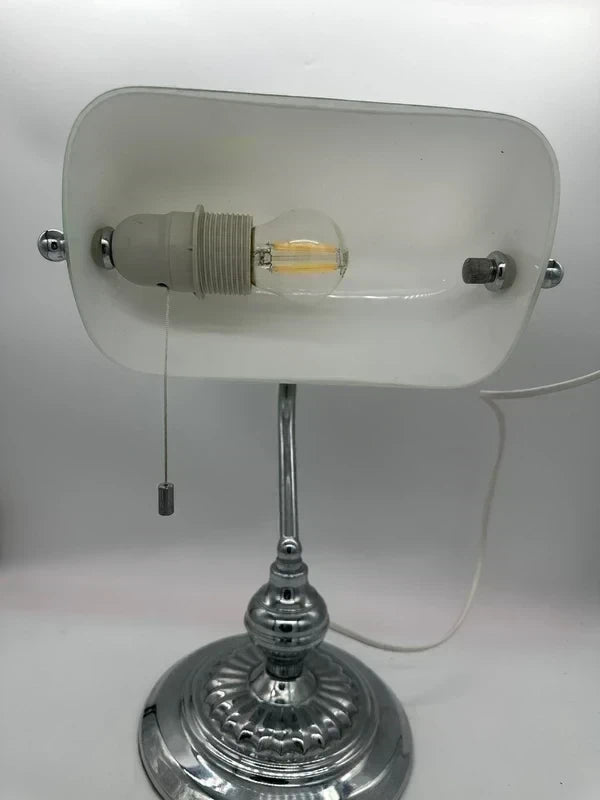 Classic Banker's Lamp - White Glass & Silver Metal