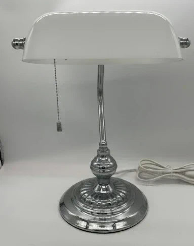 Classic Banker's Lamp - White Glass & Silver Metal