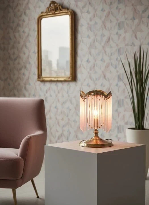 Art Deco Waterfall Table Lamp - Brass & Pink Glass Rods