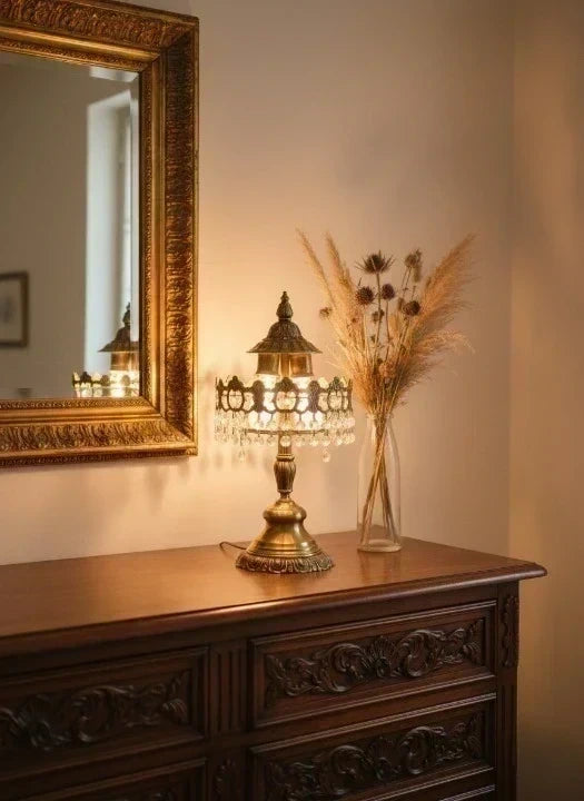 Vintage Brass Table Lamp with Crystal Ornaments - Golden Elegance