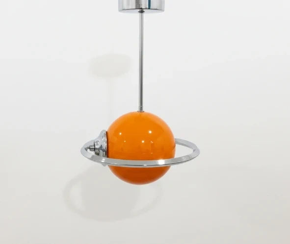 Handcrafted Space Age Pendant Lamp - Orange Glass Sphere & Chrome Ring