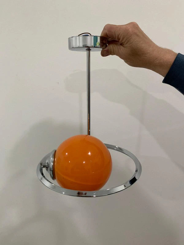 Handcrafted Space Age Pendant Lamp - Orange Glass Sphere & Chrome Ring