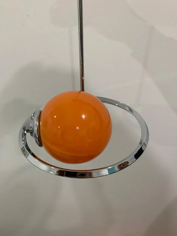 Handcrafted Space Age Pendant Lamp - Orange Glass Sphere & Chrome Ring