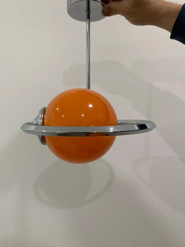 Handcrafted Space Age Pendant Lamp - Orange Glass Sphere & Chrome Ring