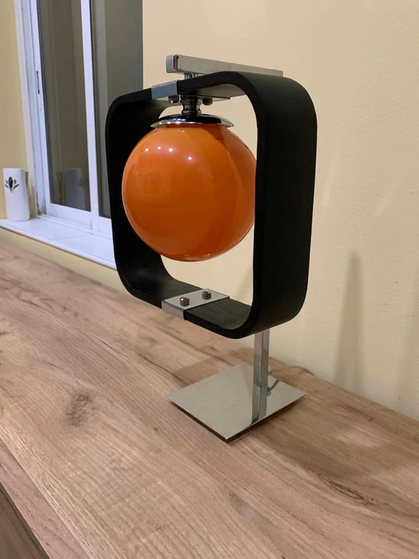 Custom-Made Space Age Table Lamp - Orange Glass Sphere in Black Square Frame
