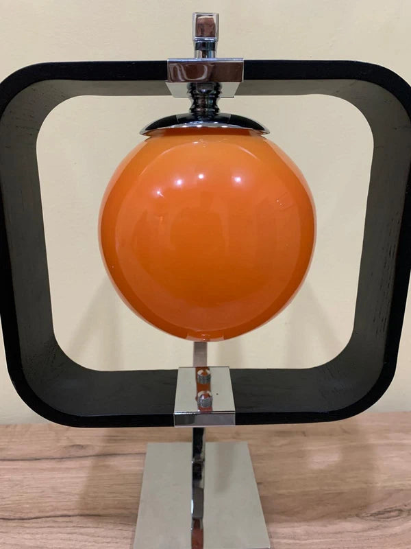 Custom-Made Space Age Table Lamp - Orange Glass Sphere in Black Square Frame