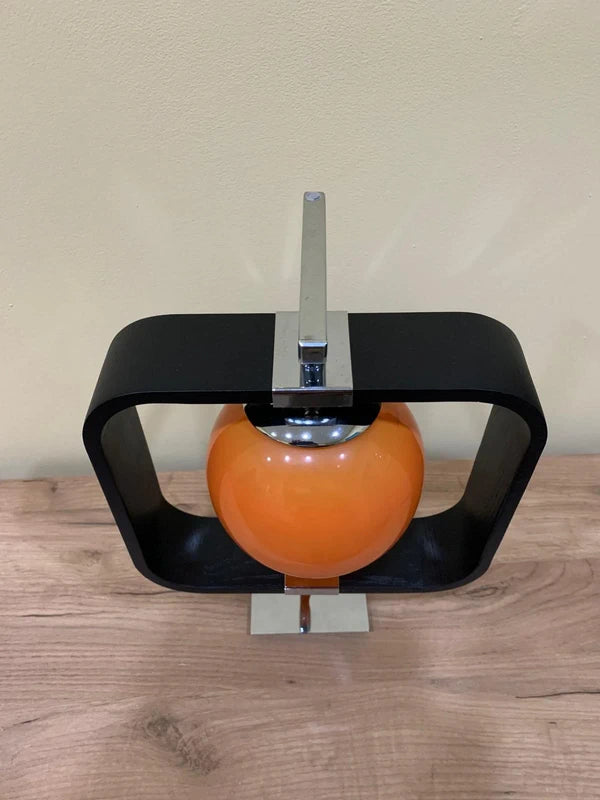 Custom-Made Space Age Table Lamp - Orange Glass Sphere in Black Square Frame