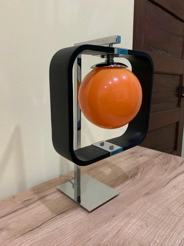 Custom-Made Space Age Table Lamp - Orange Glass Sphere in Black Square Frame