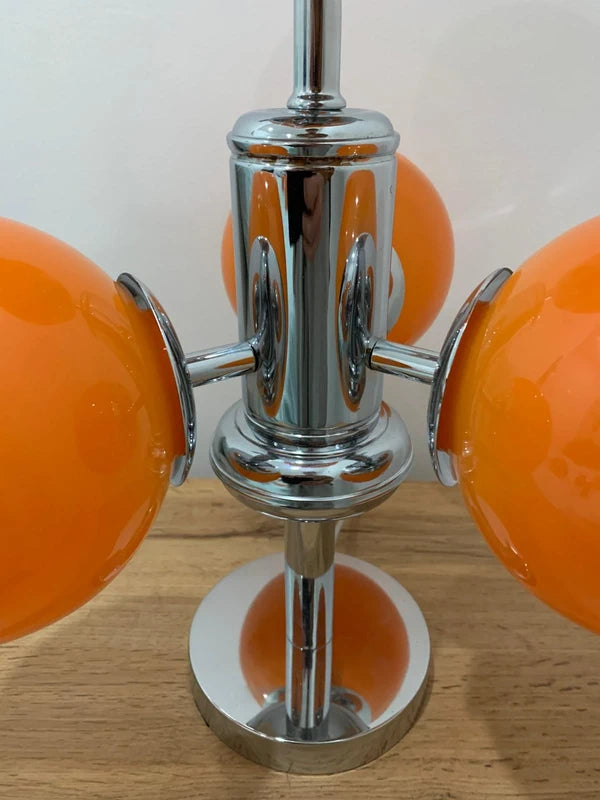 Custom Space Age Table Lamp - Four Orange Glass Globes with Chrome & Wood Base