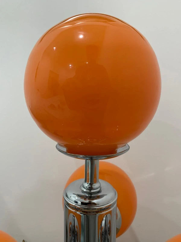 Custom Space Age Table Lamp - Four Orange Glass Globes with Chrome & Wood Base
