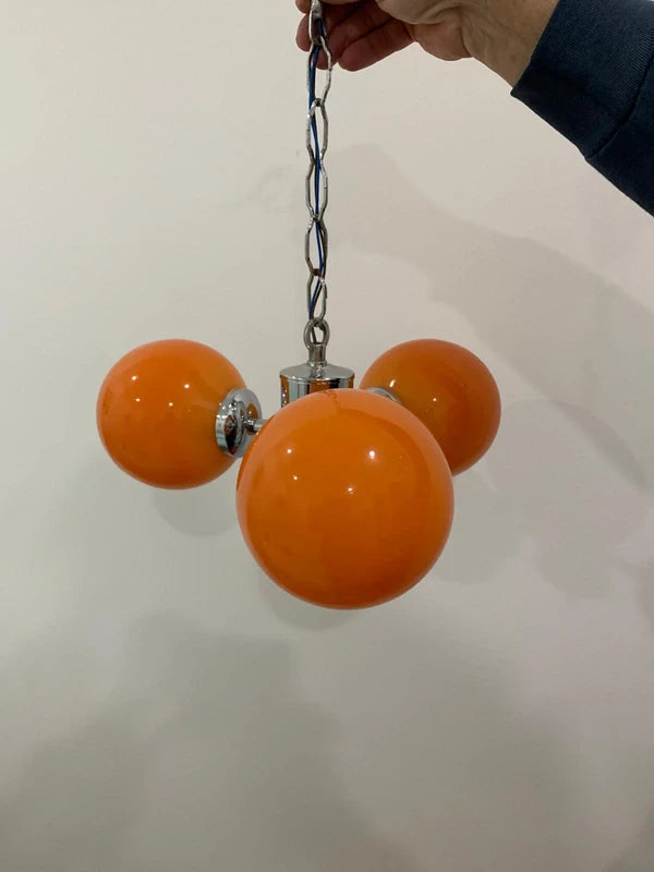 Custom Space Age Pendant Lamp - Three Orange Glass Globes with Chrome