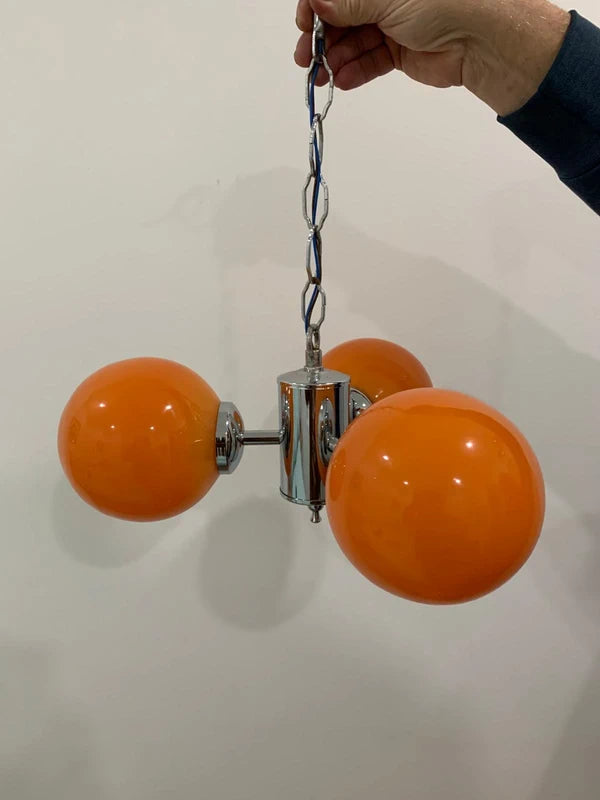 Custom Space Age Pendant Lamp - Three Orange Glass Globes with Chrome