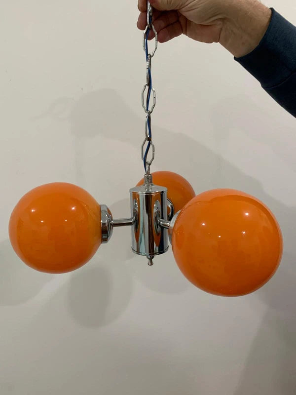 Custom Space Age Pendant Lamp - Three Orange Glass Globes with Chrome