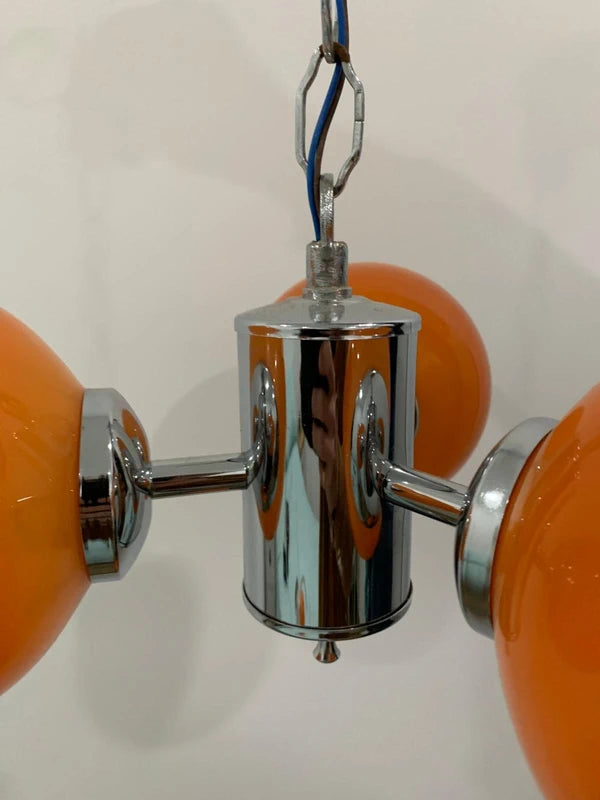 Custom Space Age Pendant Lamp - Three Orange Glass Globes with Chrome