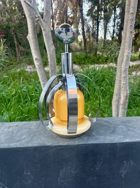 Vintage Space Age Table Lamp - Yellow Opaline Glass with Chrome Petals