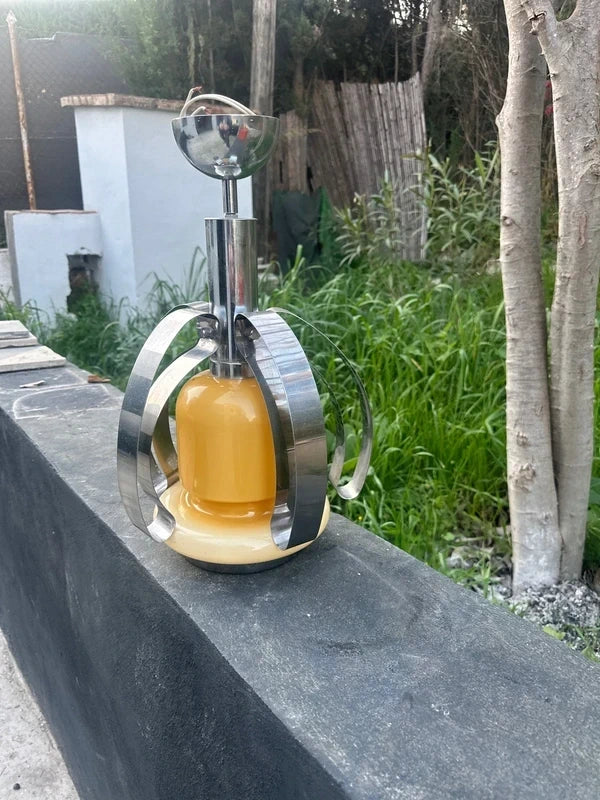 Vintage Space Age Table Lamp - Yellow Opaline Glass with Chrome Petals