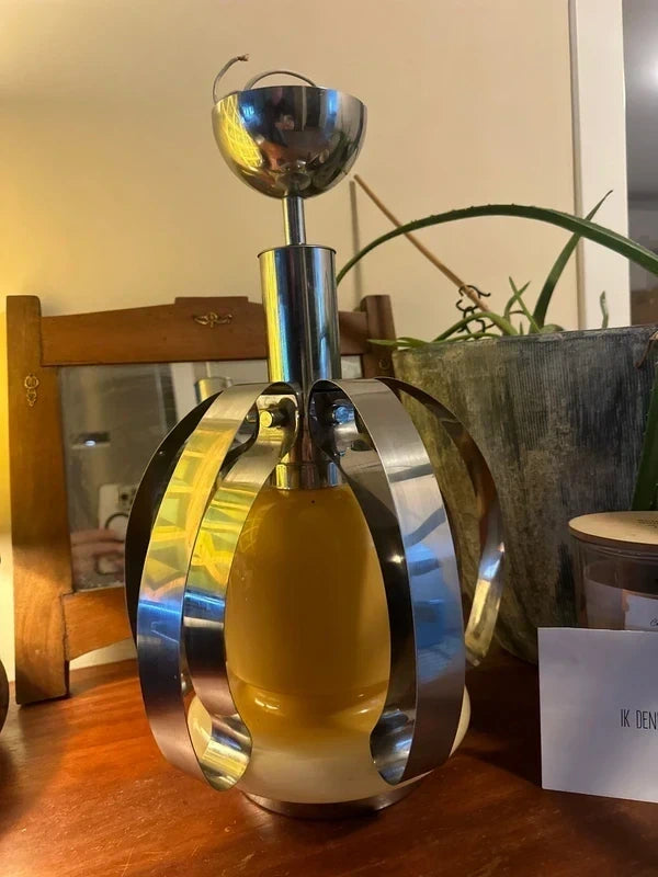 Vintage Space Age Table Lamp - Yellow Opaline Glass with Chrome Petals