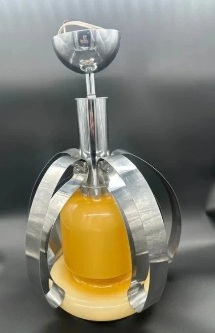 Vintage Space Age Table Lamp - Yellow Opaline Glass with Chrome Petals