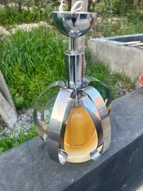 Vintage Space Age Table Lamp - Yellow Opaline Glass with Chrome Petals