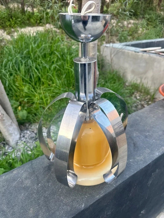 Vintage Space Age Table Lamp - Yellow Opaline Glass with Chrome Petals