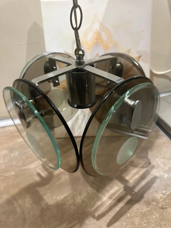 Rare 1960s Italian Ceiling Lamp - Fontana Arte / Veca Smoked Glass