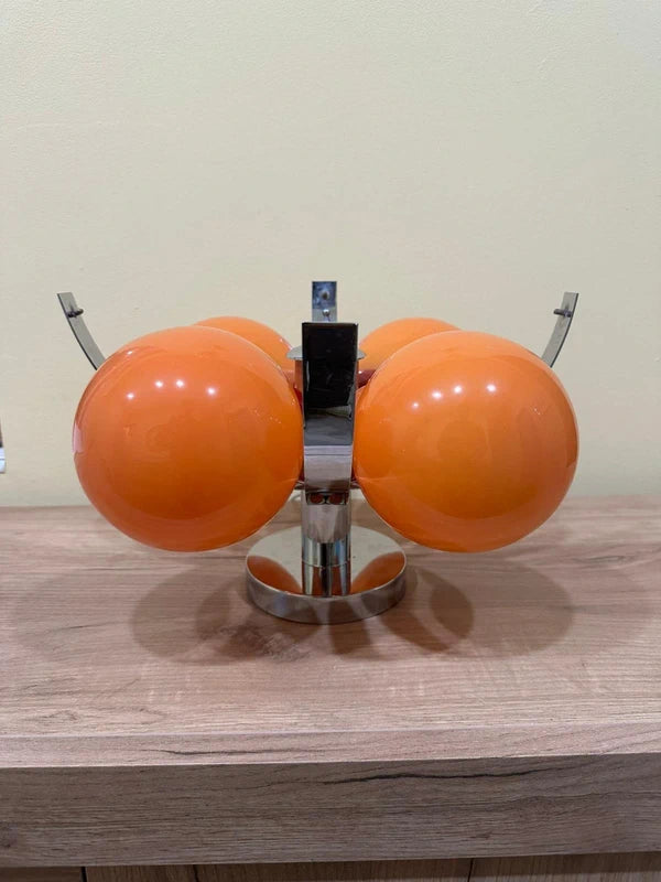 Vintage Space Age Table Lamp - Four Orange Glass Globes with Chrome Base