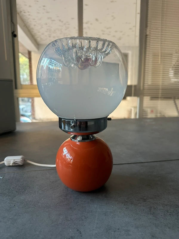 Mazzega Murano Table Lamp — Orange Ceramic & Opaline Globe | Space Age 1970s