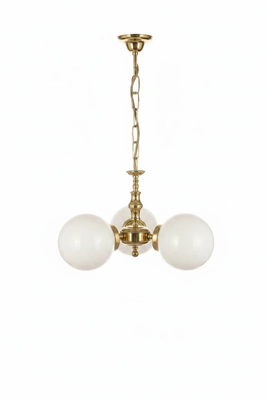 Vintage brass chandelier three opaline globes — detail brass column
