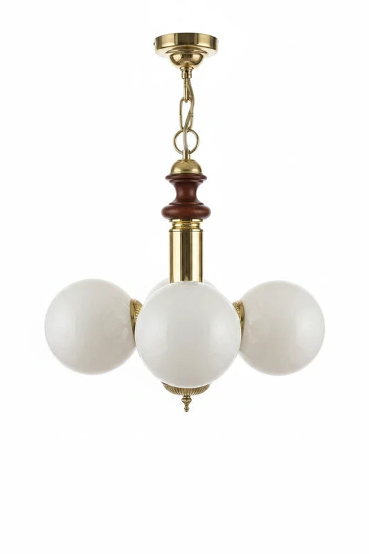 Vintage chandelier wood brass — column detail with etched brass