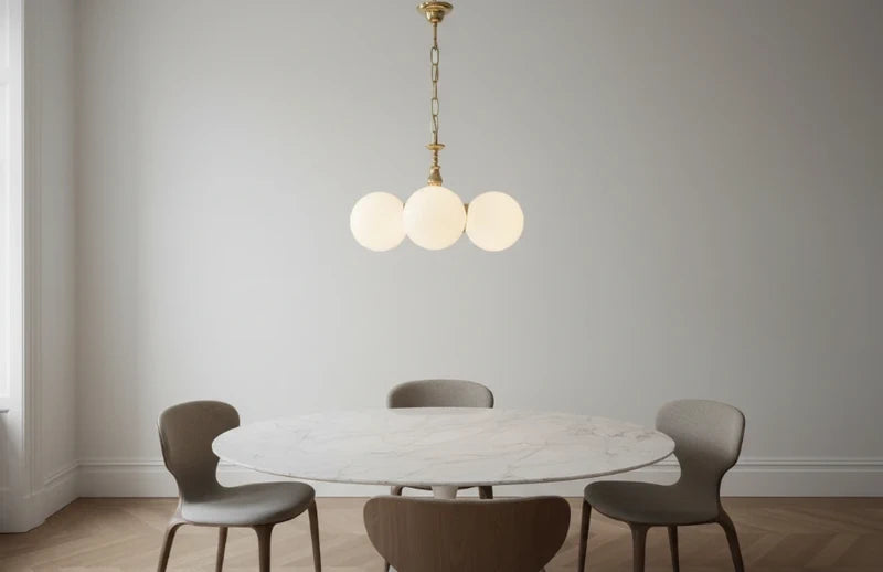 Vintage brass chandelier three opaline globes — front view