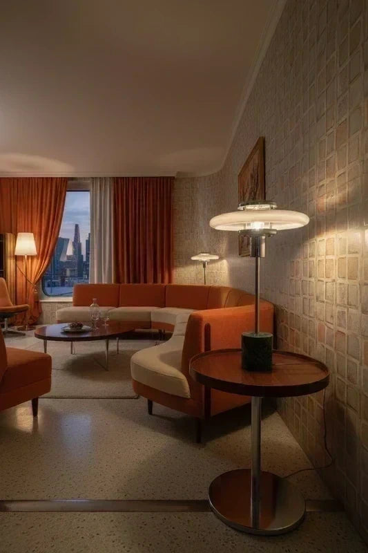 UFO lamp in window with Spanish street view, unlit