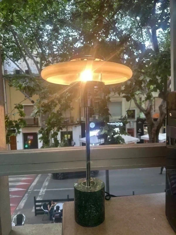 UFO lamp disc shade from below, lit